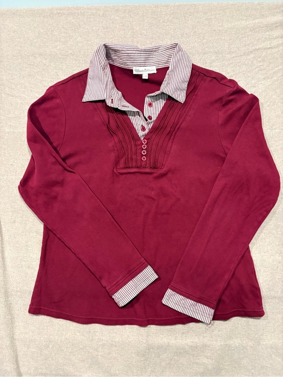 Classic Edition Sweaters - Vintage Layered-Look V-Neck Fooler Sweater with Striped Collar - Burgundy. Large